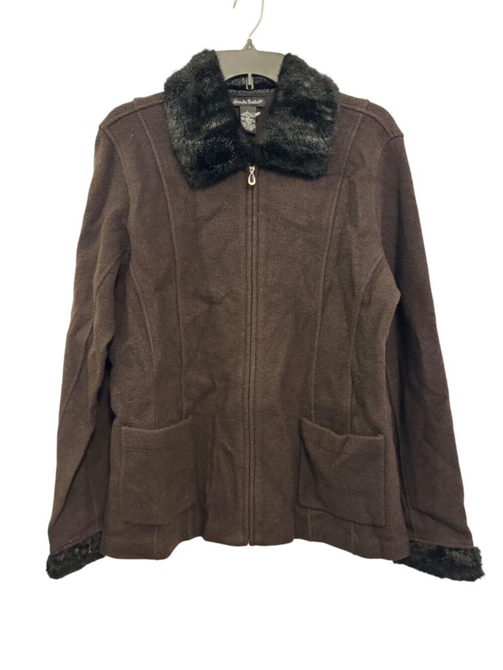 vintage Alexandra Bartlett Brown Wool Jacket Faux Fur Collar & Cuffs Size Large